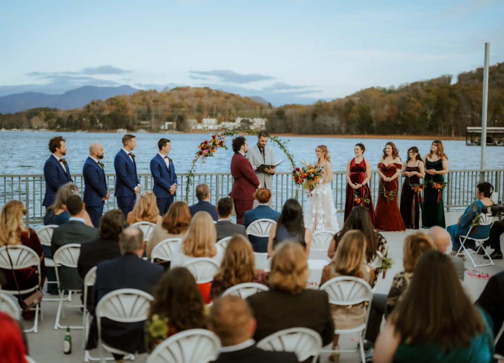 wedding ceremony on the dock at the ridges resort