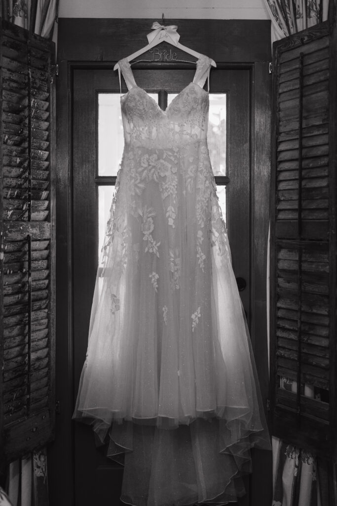 Bridal dress hung in bridal suite at West Milford Farm