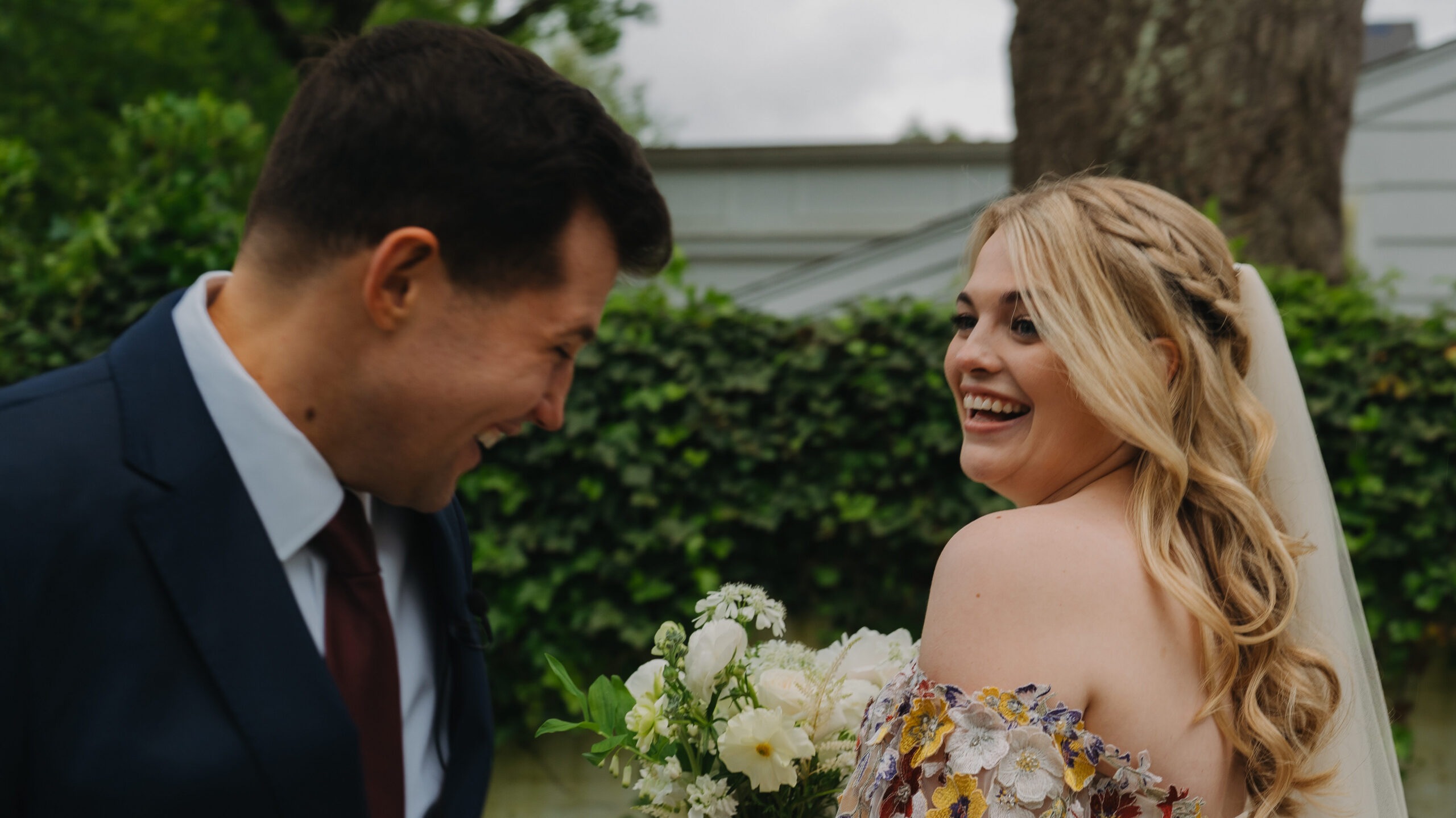 Groom and Bride having their first look at the Meadowlands at the Darien Community Association in Darien Connecticut.