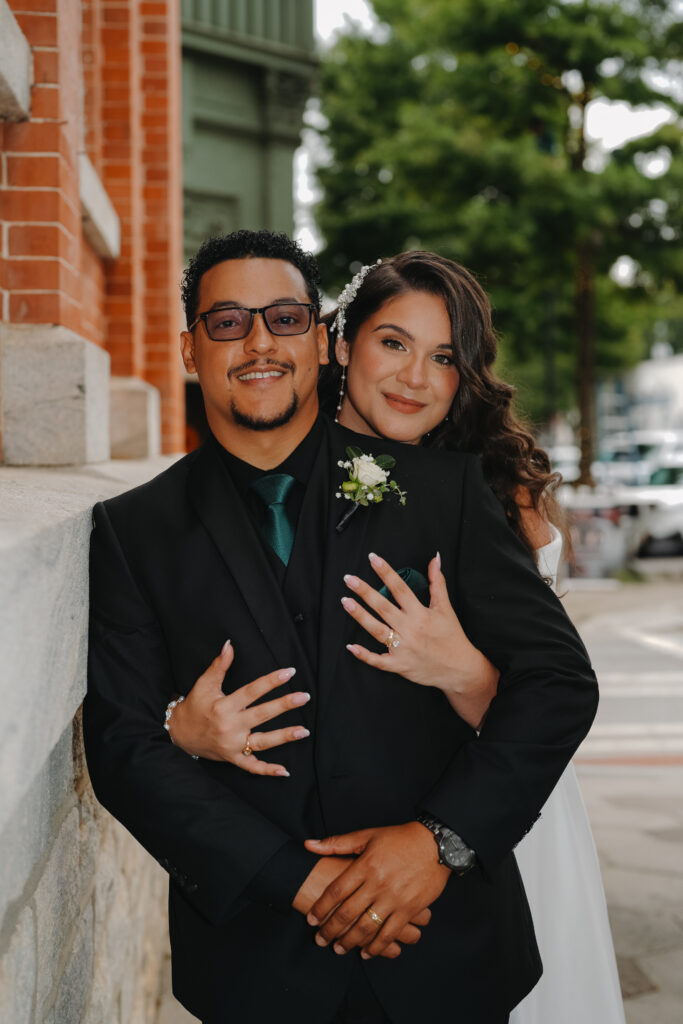 Wedding portraits of bride and groom in Mystic Falls in Covington, GA