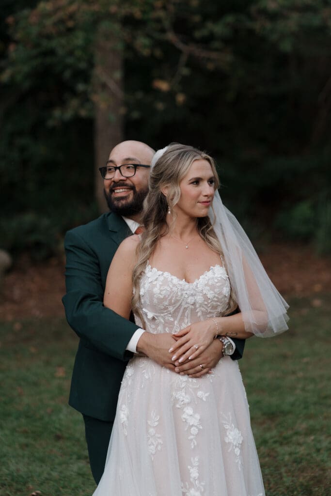Bride and Groom together looking away from each other at Vecoma at the yellow river, in Snellville Georgia.